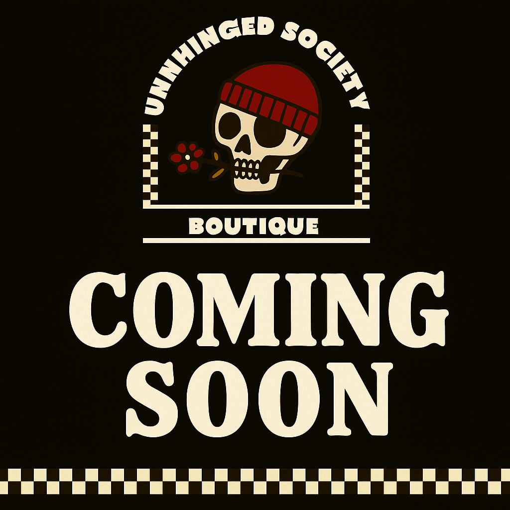 Unhinged Society Boutique coming soon announcement with skull and red checkerprint design on black background