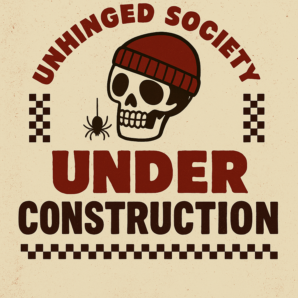 Logo with skull wearing a beanie, spider, and text 'Unhinged Society Under Construction' on a beige background.